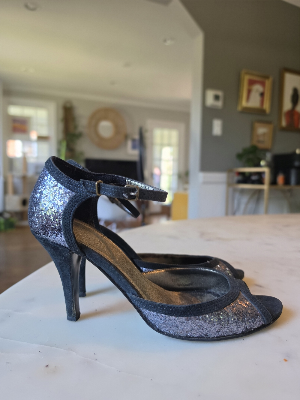 Vintage J. Crew Blue Glitter Peep-Toe Ankle-Strap Heels Size 7.5
